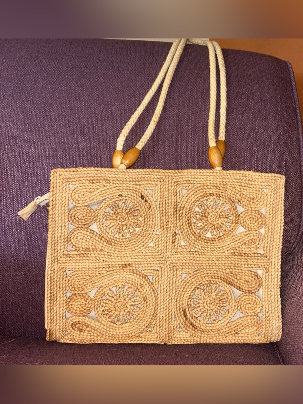 Vintage Handwoven Natural Rattan Basket Tote Bag purse with Rope Handles